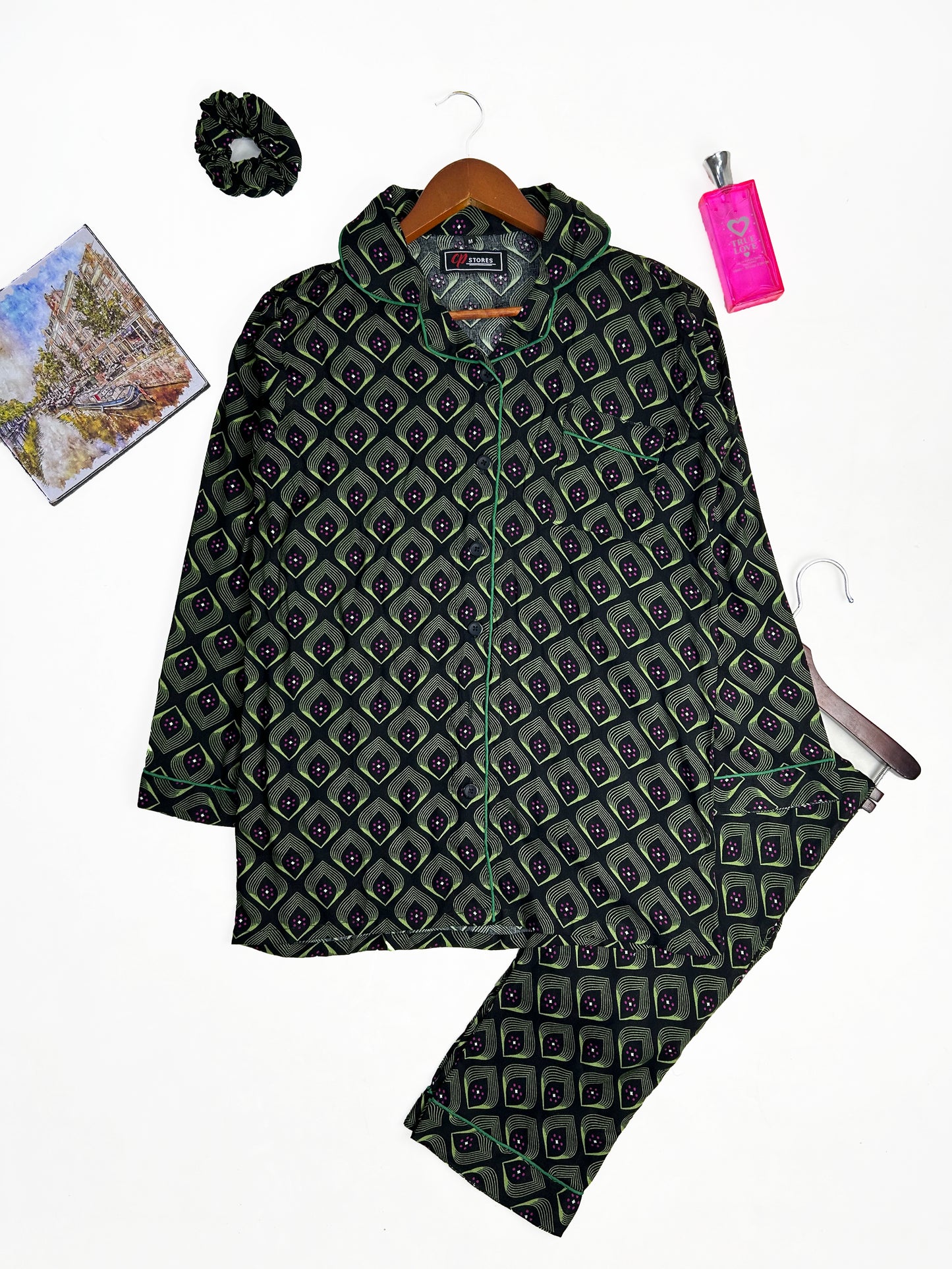 Black Linen Printed Night Suit For Women WNS25