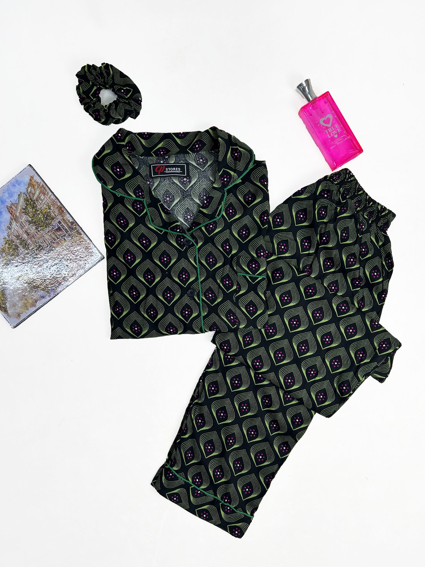 Black Linen Printed Night Suit For Women WNS25