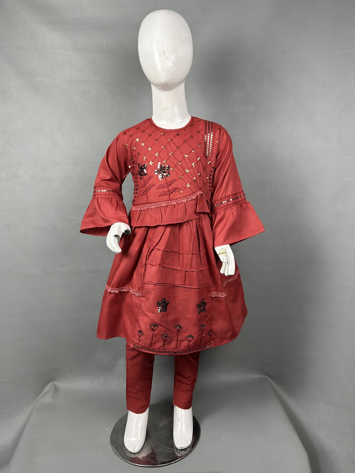 5Yr - 12Yrs Dark Maroon Embroidered Suit For Girls RZ GS154