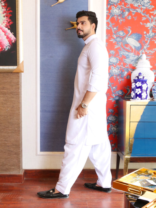 461 AN Men's Kameez Shalwar Stitched Suit Neel White