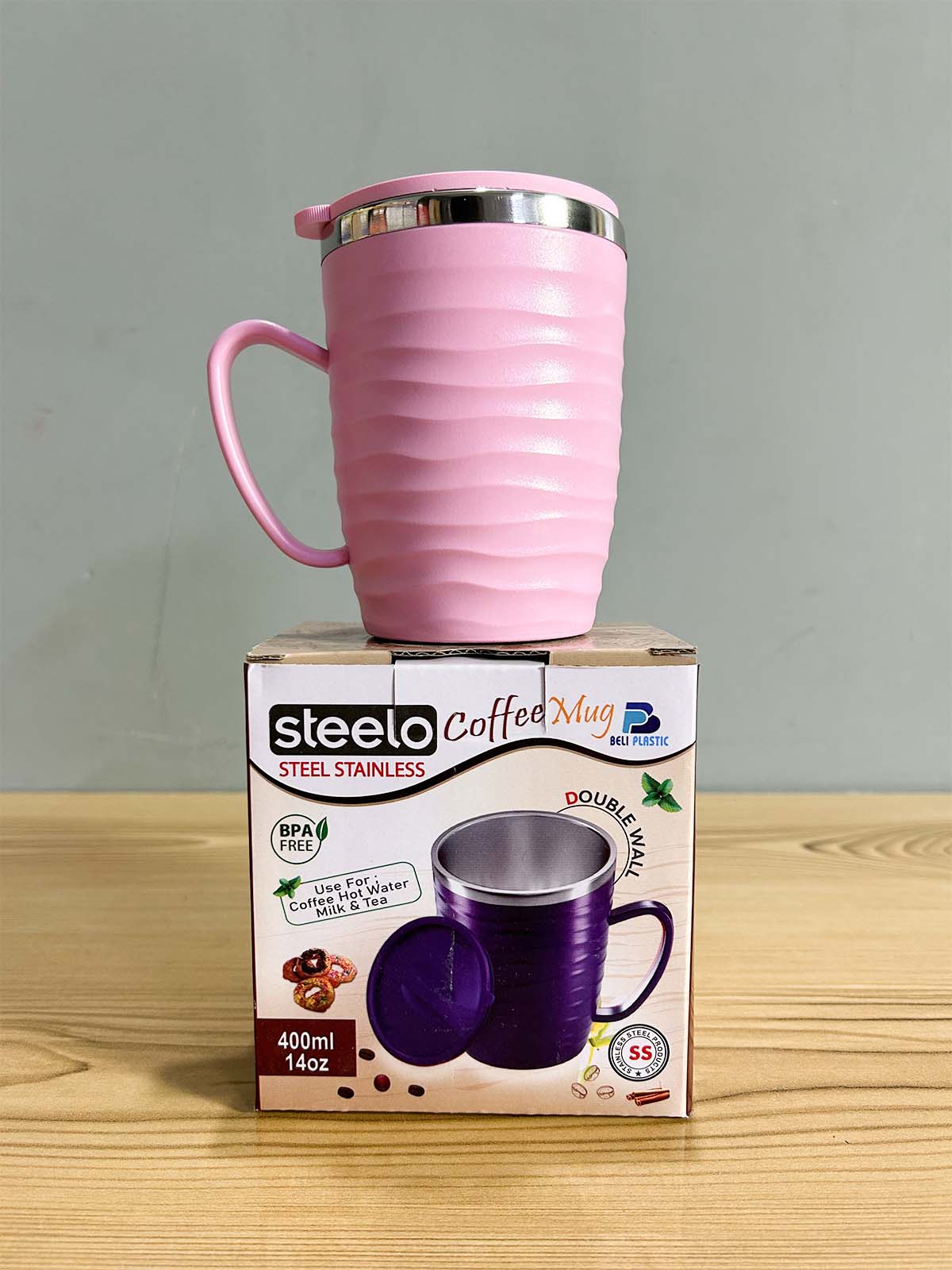 Pink Stainless Steel Coffee Mug With Cap - 400ML CM47