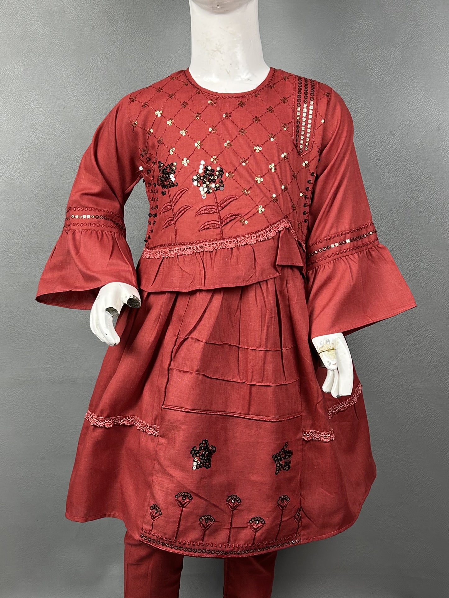 5Yr - 12Yrs Dark Maroon Embroidered Suit For Girls RZ GS154