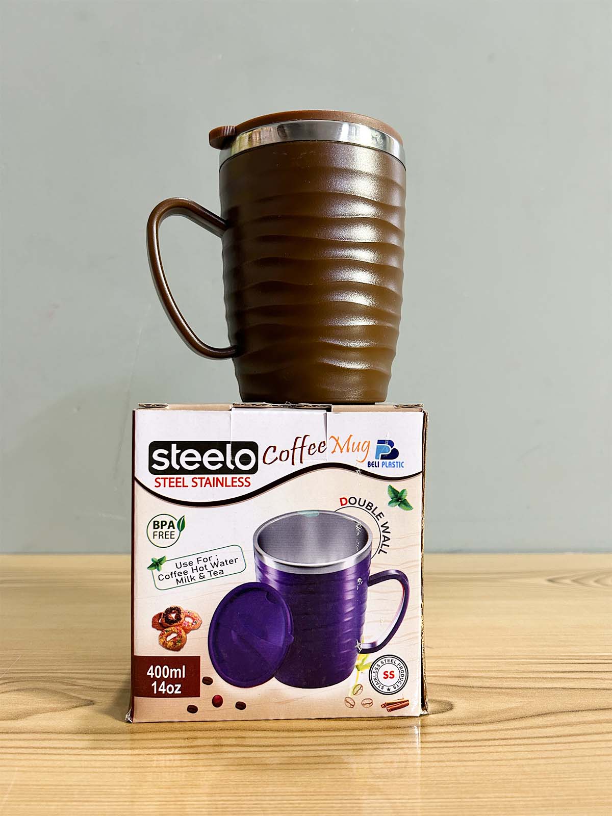Brown Stainless Steel Coffee Mug With Cap - 400ML CM48