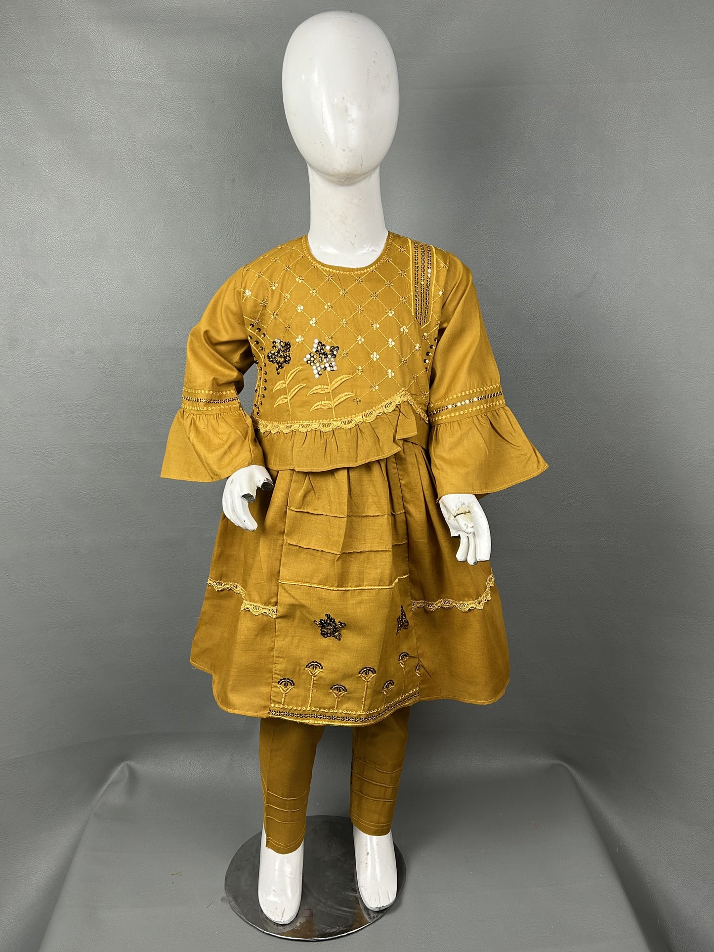 5Yr - 12Yrs Dark Mustard Embroidered Suit For Girls RZ GS155