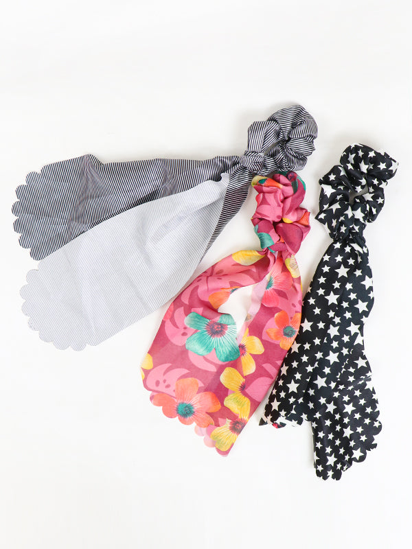Pack Of 3 Ponytail Holders Hair Ribbon Scrunchies For Women - Multicolor & Multidesign