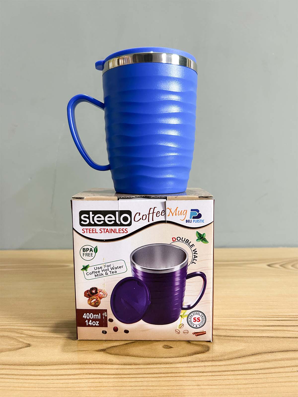 Blue Stainless Steel Coffee Mug With Cap - 400ML CM49