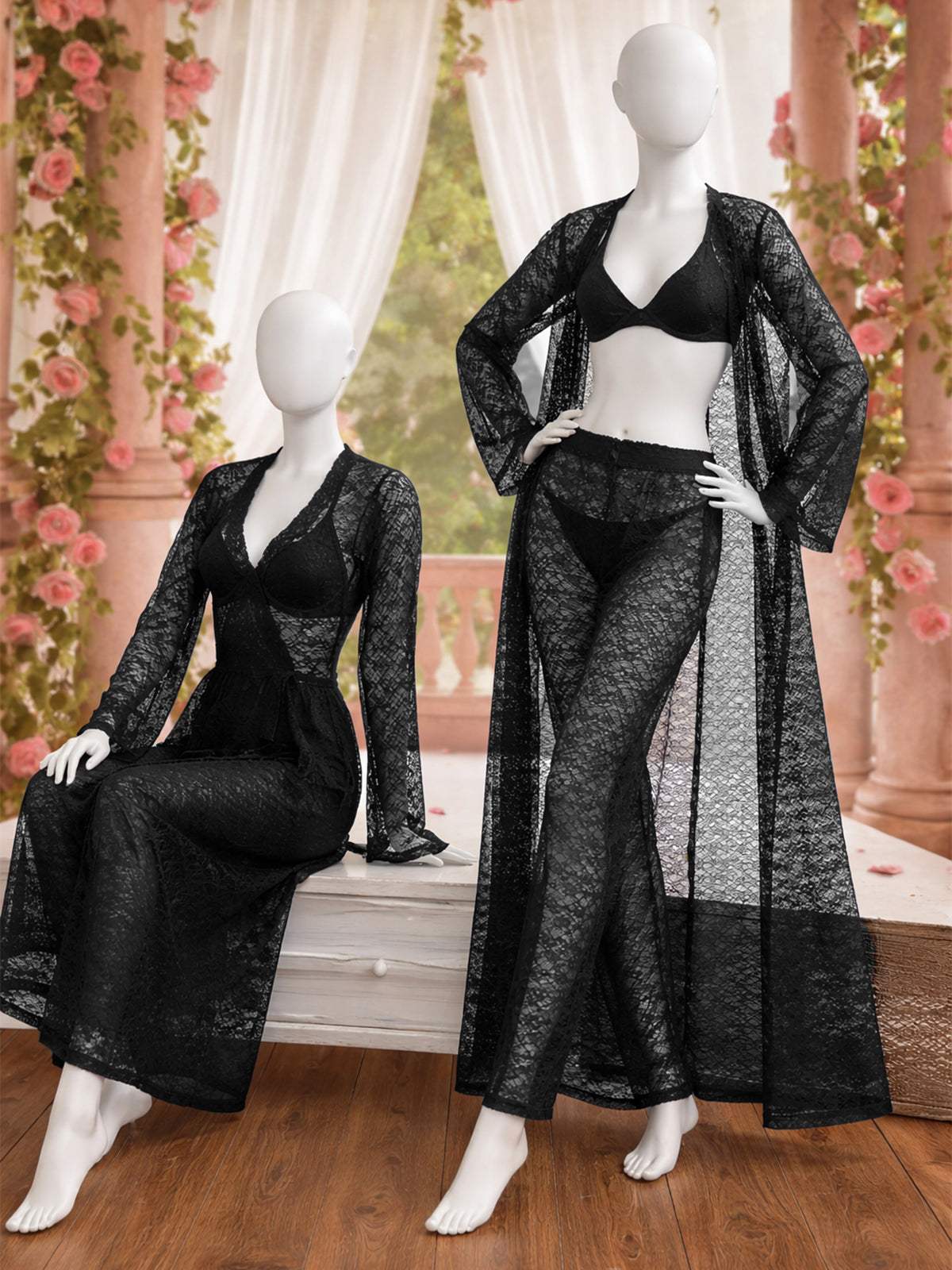 4 Piece Satin Black Nighty Lingerie Set for Girls and Women