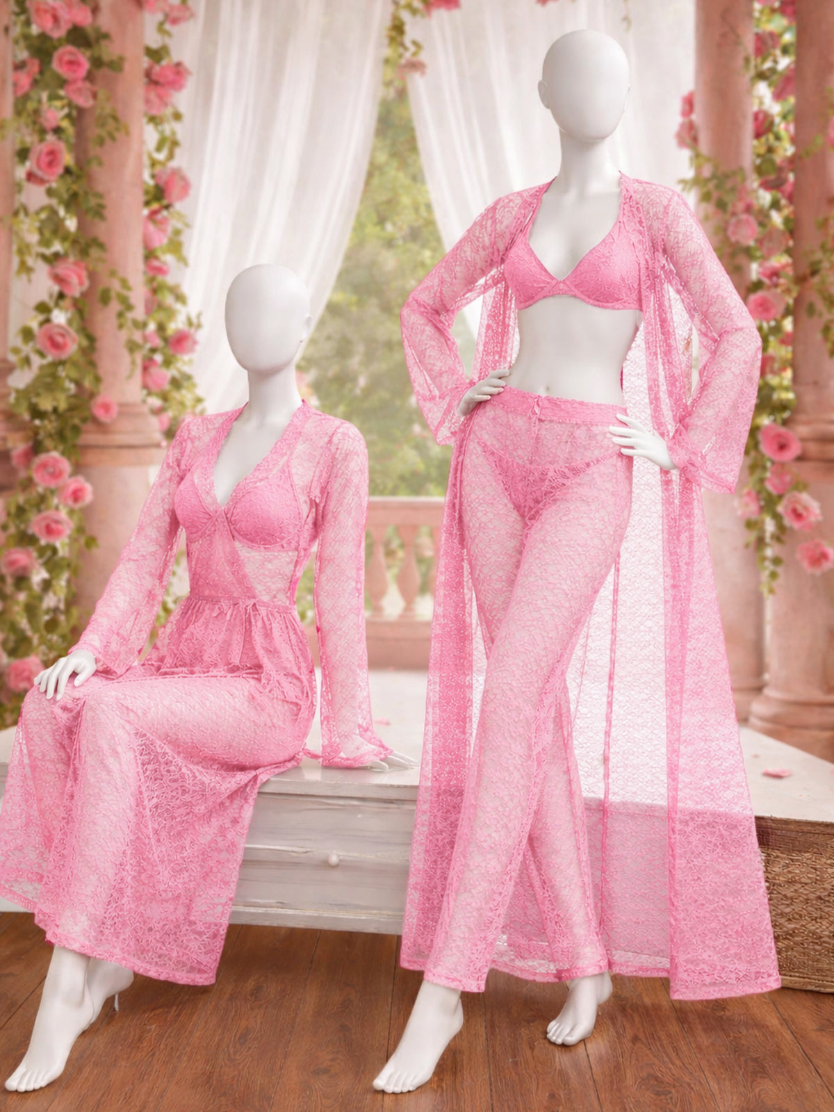 4 Piece Satin Pink Nighty Lingerie Set for Girls and Women WSN20