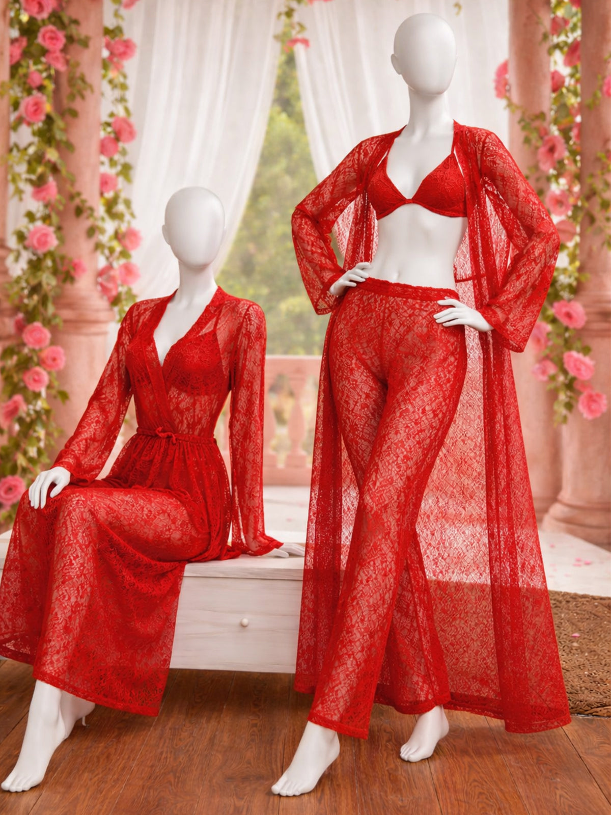 4 Piece Satin Red Nighty Lingerie Set for Girls and Women WSN21