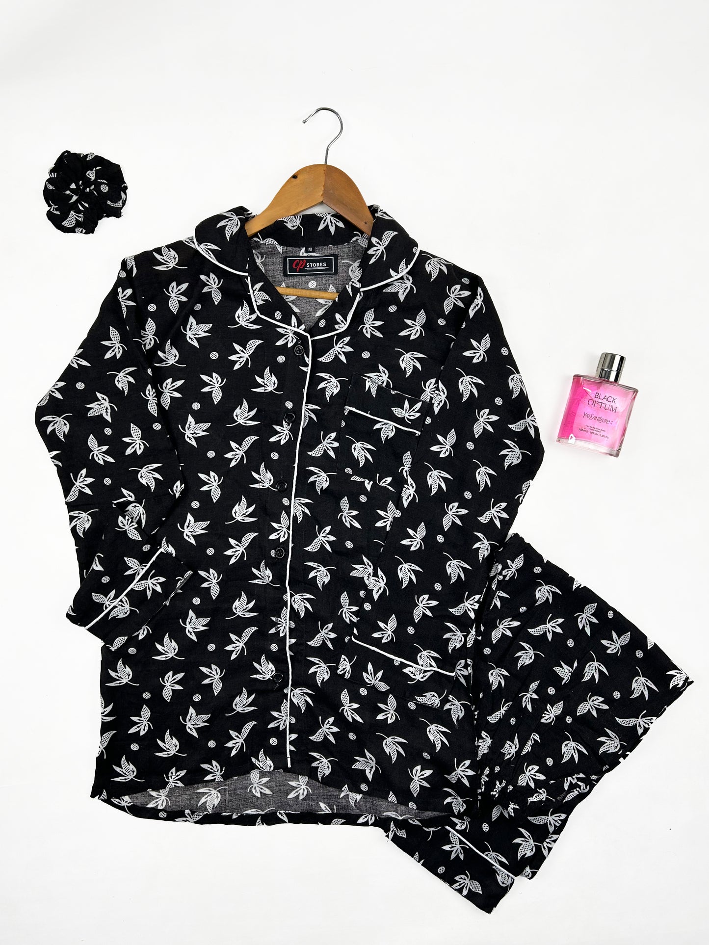Black Linen Printed Night Suit For Women WNS23
