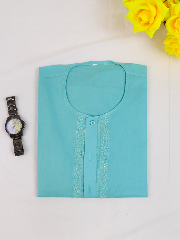 Cyan 100% Cotton Magsi Collar Kurta for Men