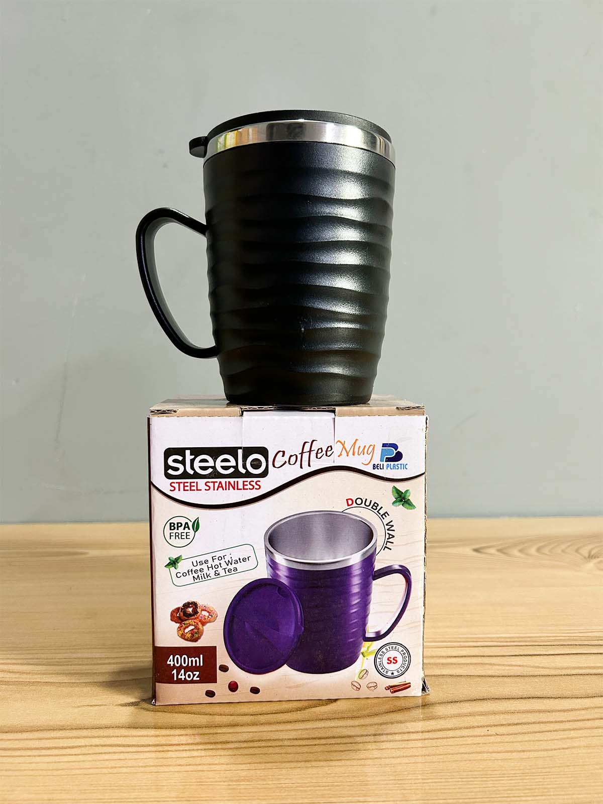 Black Stainless Steel Coffee Mug With Cap - 400ML CM50