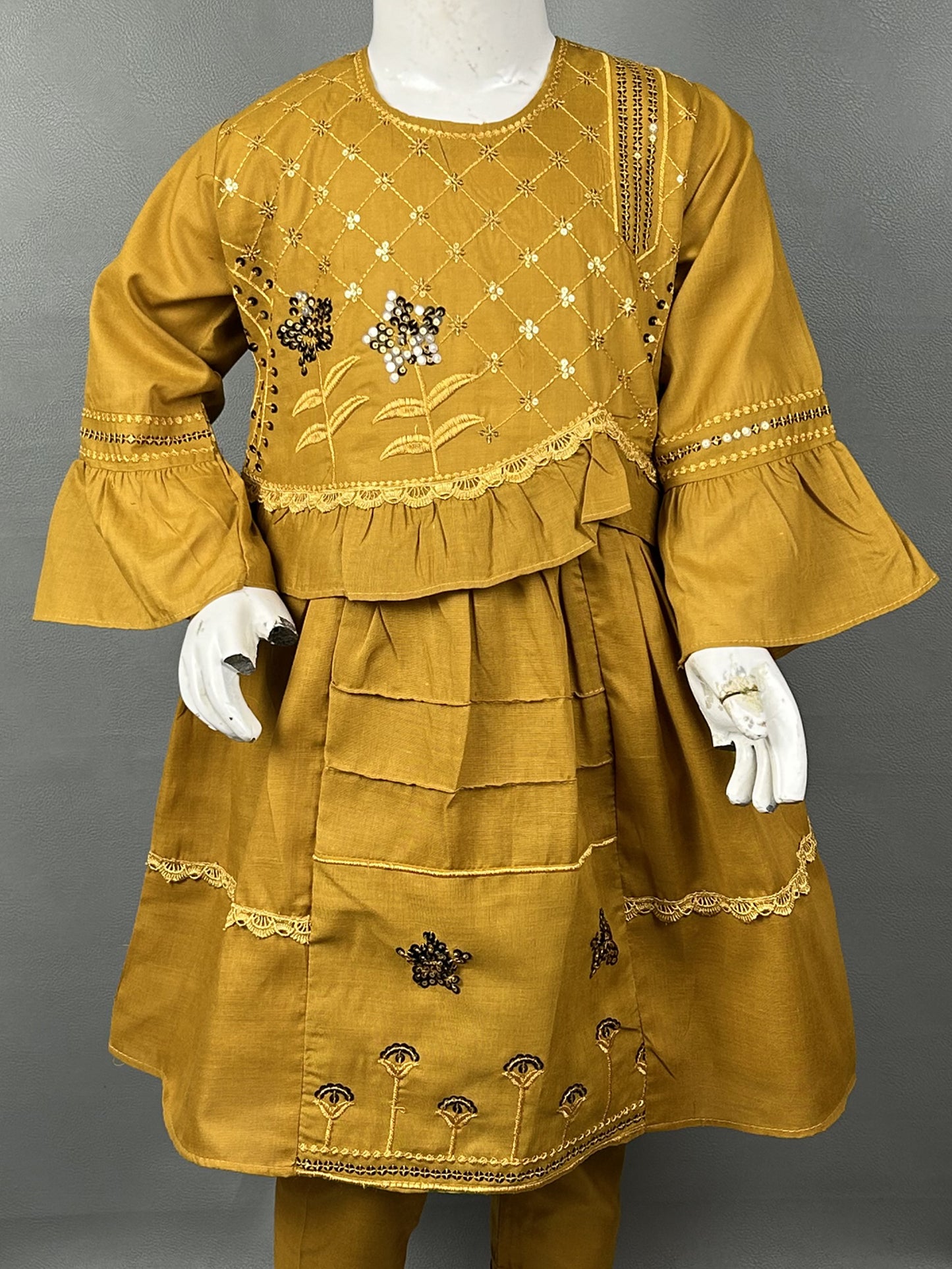 5Yr - 12Yrs Dark Mustard Embroidered Suit For Girls RZ GS155