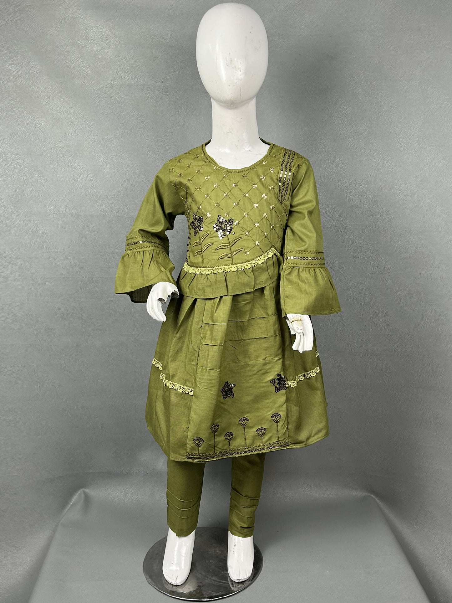 5Yr - 12Yrs Dark Green Embroidered Suit For Girls RZ GS156