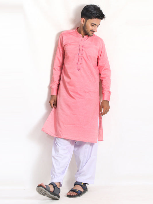 MSK34 Men's Chambray Kameez Shalwar Stitched Suit Cuff Peach