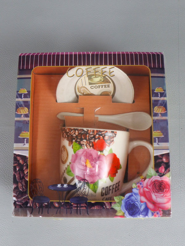 Cafe Coffee Mug with Spoon Set & Lid