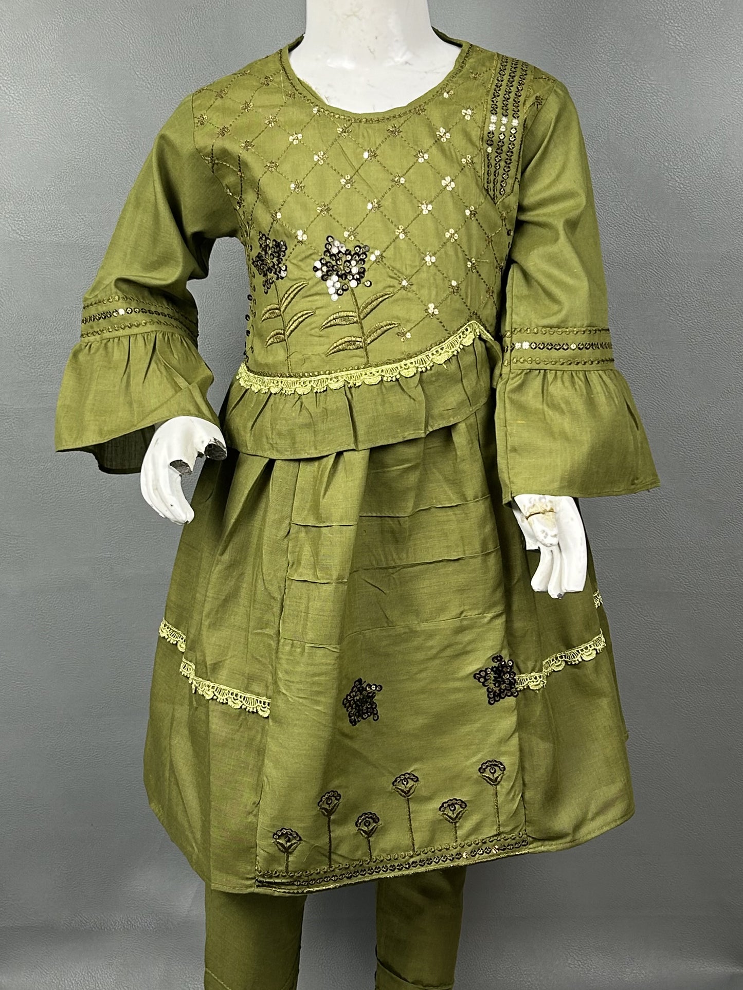 5Yr - 12Yrs Dark Green Embroidered Suit For Girls RZ GS156