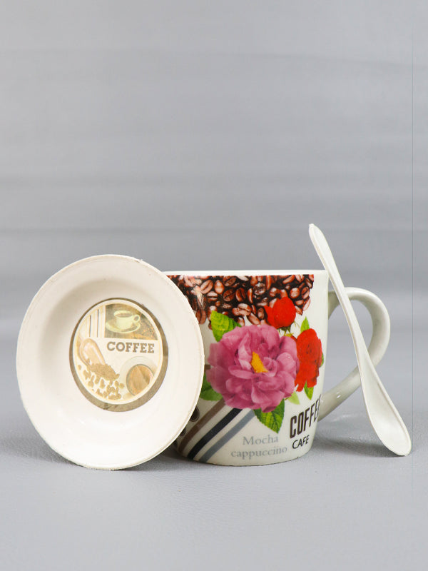 Cafe Coffee Mug with Spoon Set & Lid