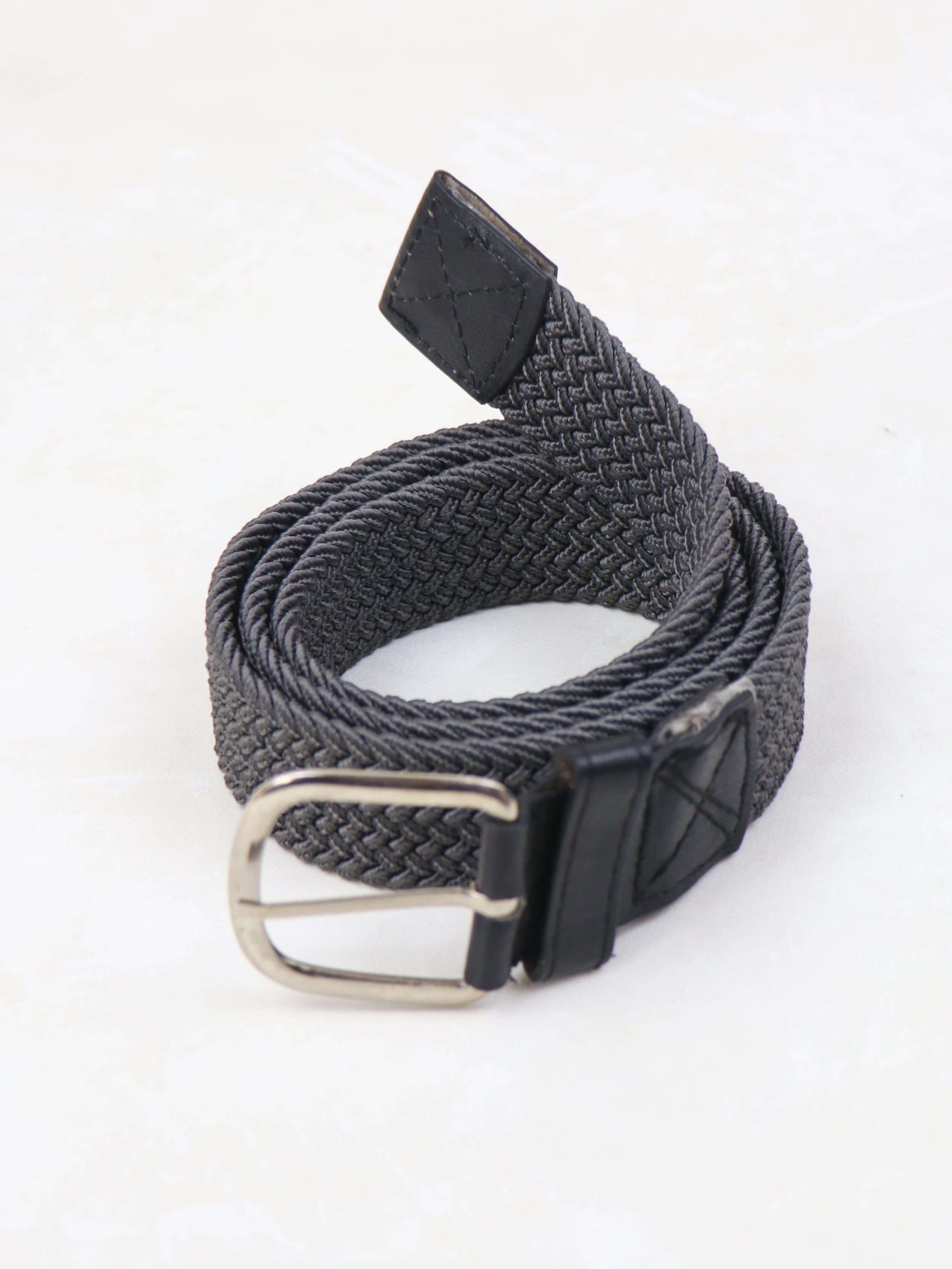 Grey Elastic Braided Stretch Belt Unisex Leather Covered Buckle