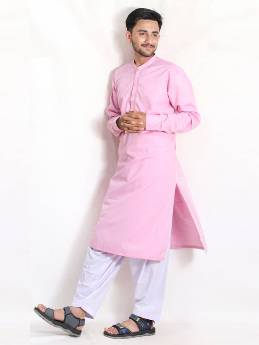 MSK31 Men's Chambray Kameez Shalwar Stitched Suit Cuff Pink