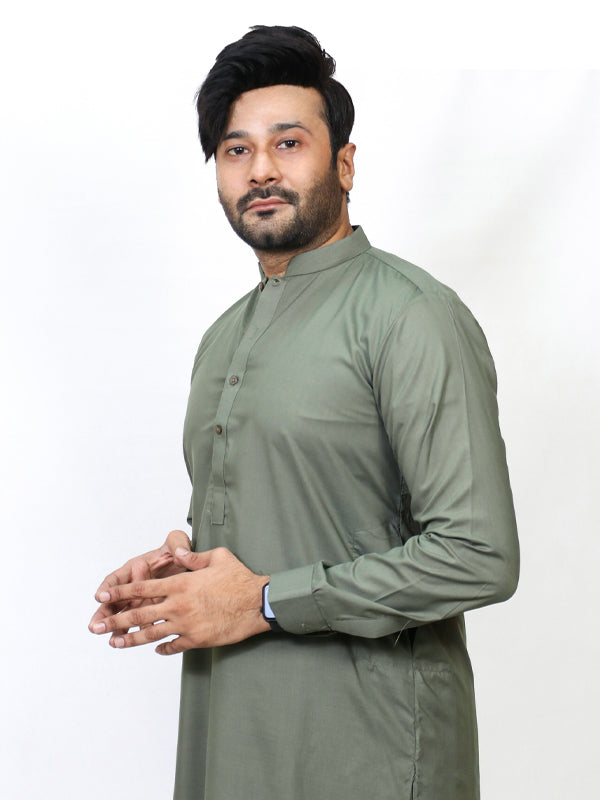 461/1 Men's Kameez Shalwar Stitched Suit Sherwani Collar Green Shade