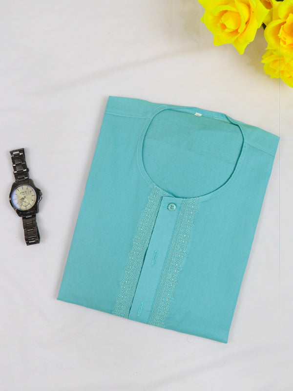 Cyan 100% Cotton Magsi Collar Kurta for Men
