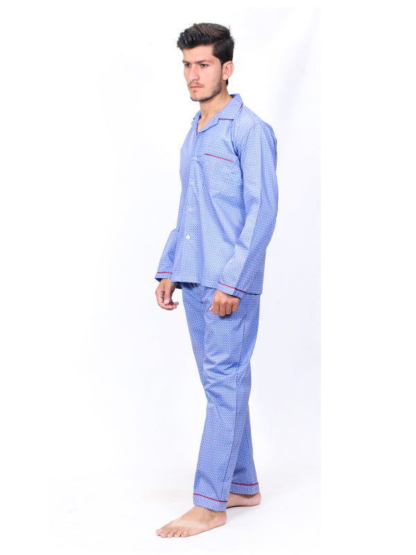Men's 100% Cotton Printed Night Suit Design 01 Light Blue