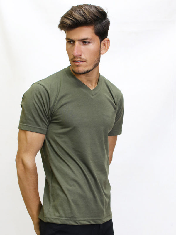 M Men's Plain V-Neck T-Shirt Green