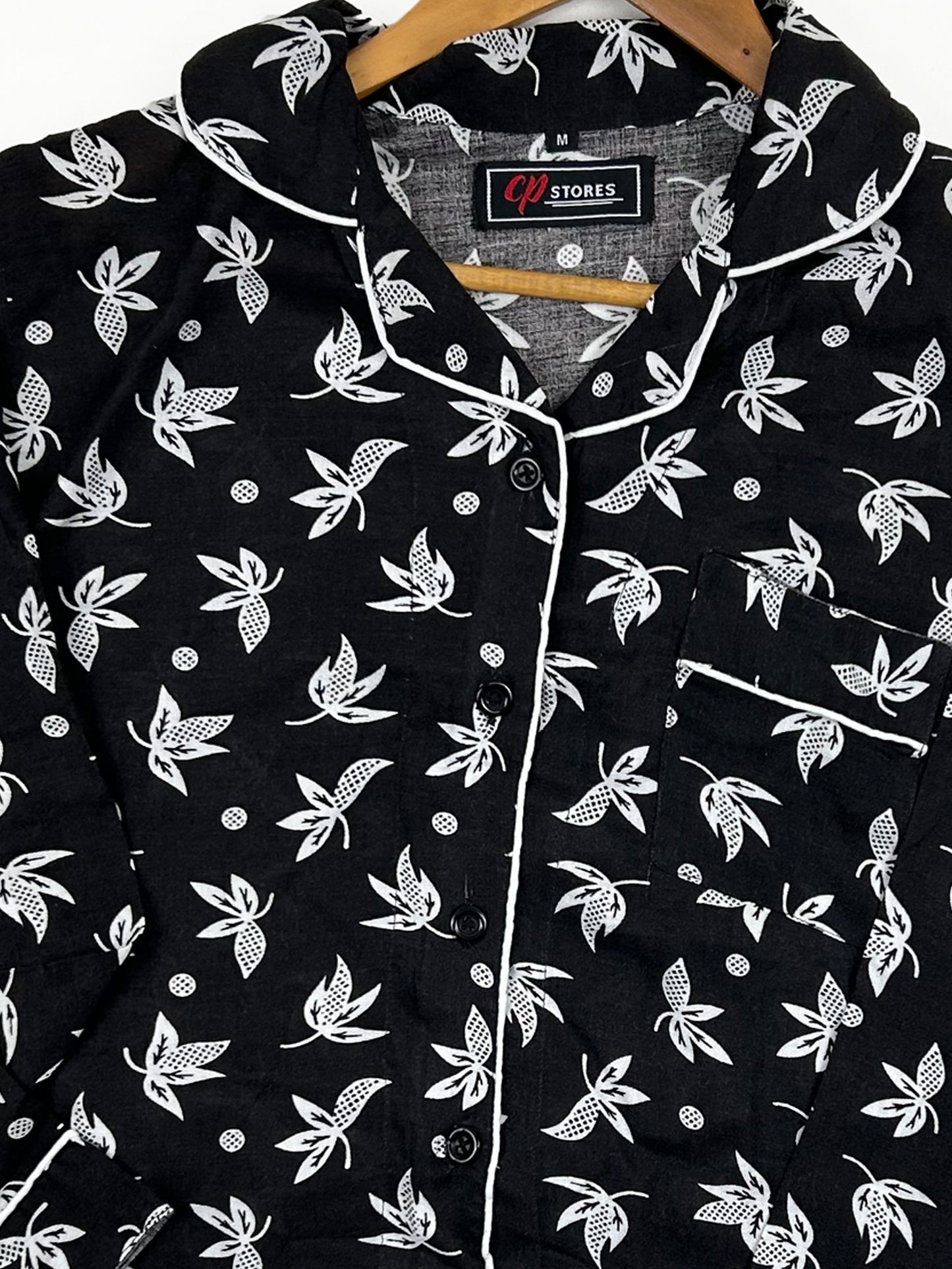 Black Linen Printed Night Suit For Women WNS23