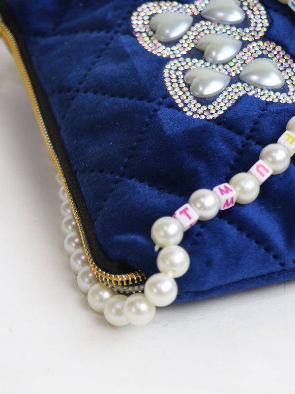 Stylish Velvet Handbag For Women's Heart Blue 19