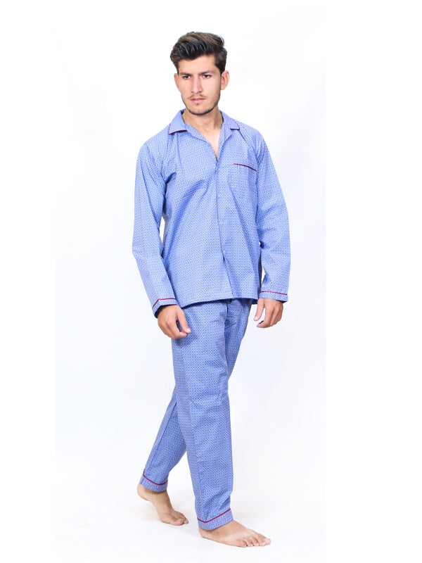 Men's 100% Cotton Printed Night Suit Design 01 Light Blue