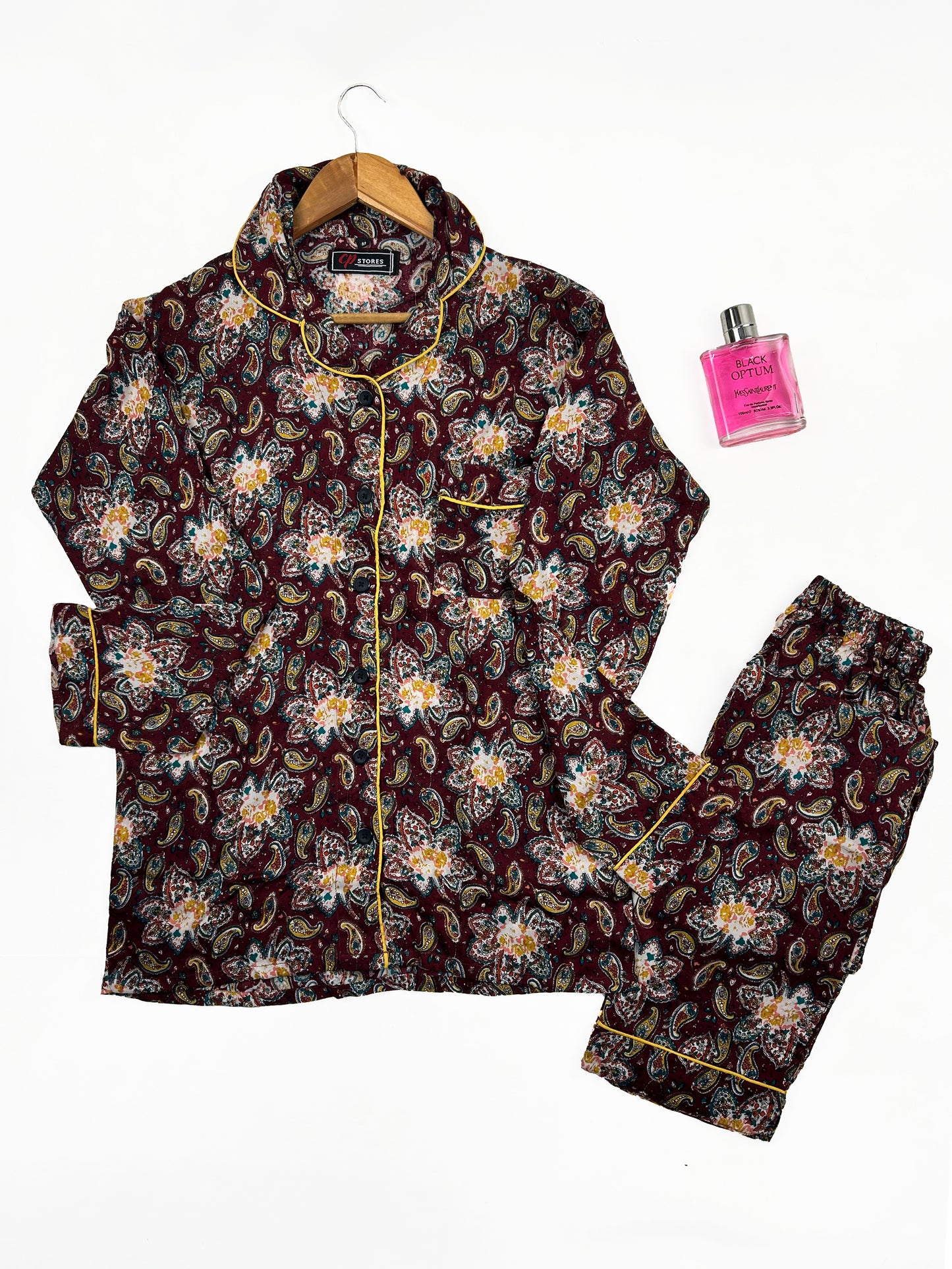 Maroon Linen Printed Night Suit For Women WNS35