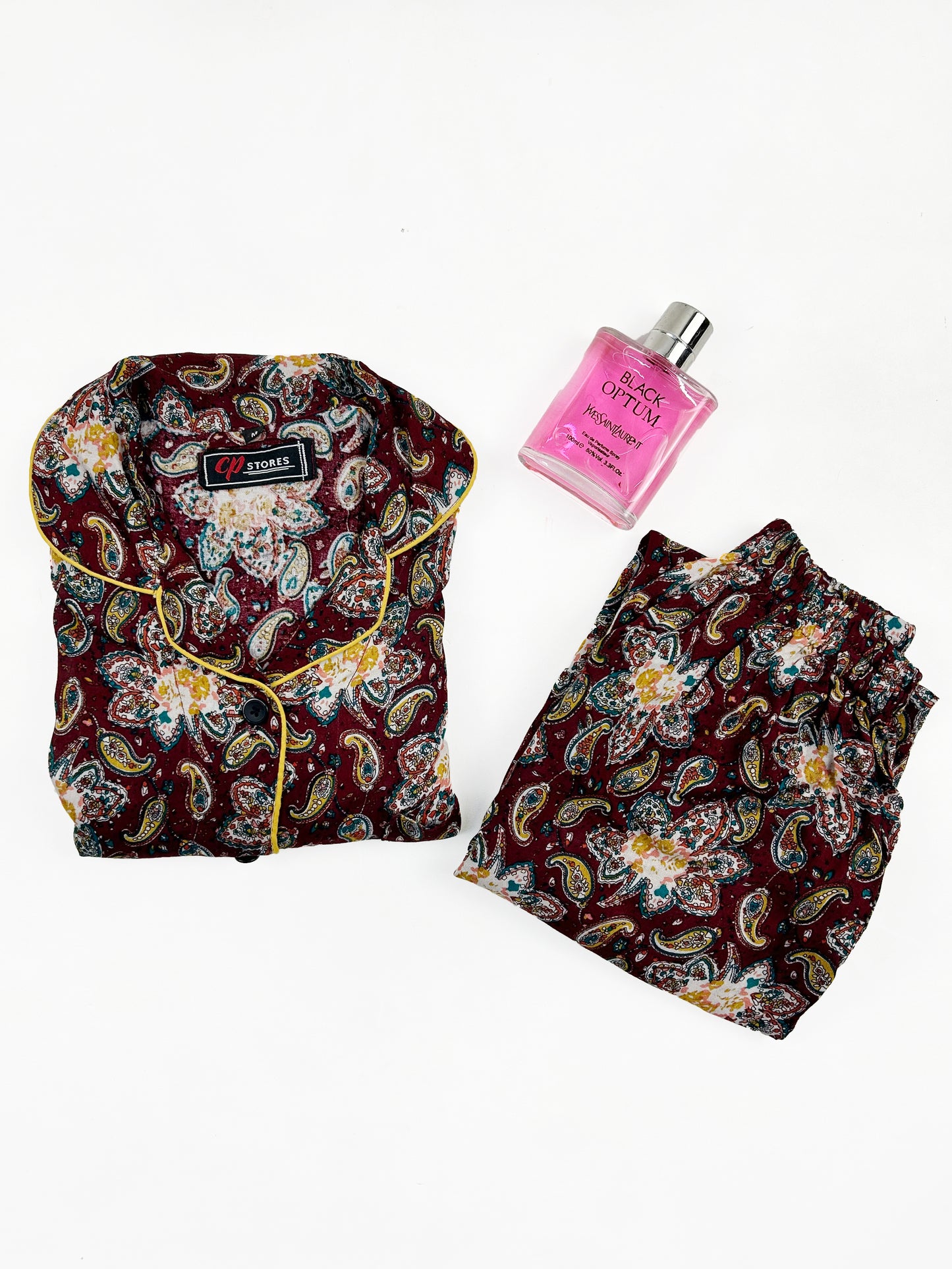 Maroon Linen Printed Night Suit For Women WNS35