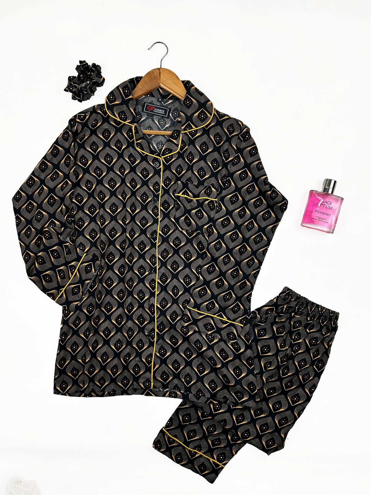 Black Linen Printed Night Suit For Women WNS28