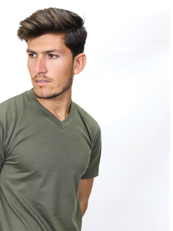 M Men's Plain V-Neck T-Shirt Green