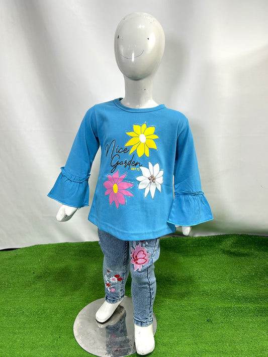 1Yrs - 4Yrs Full Sleeves Girls T-Shirt Aster Flower Blue