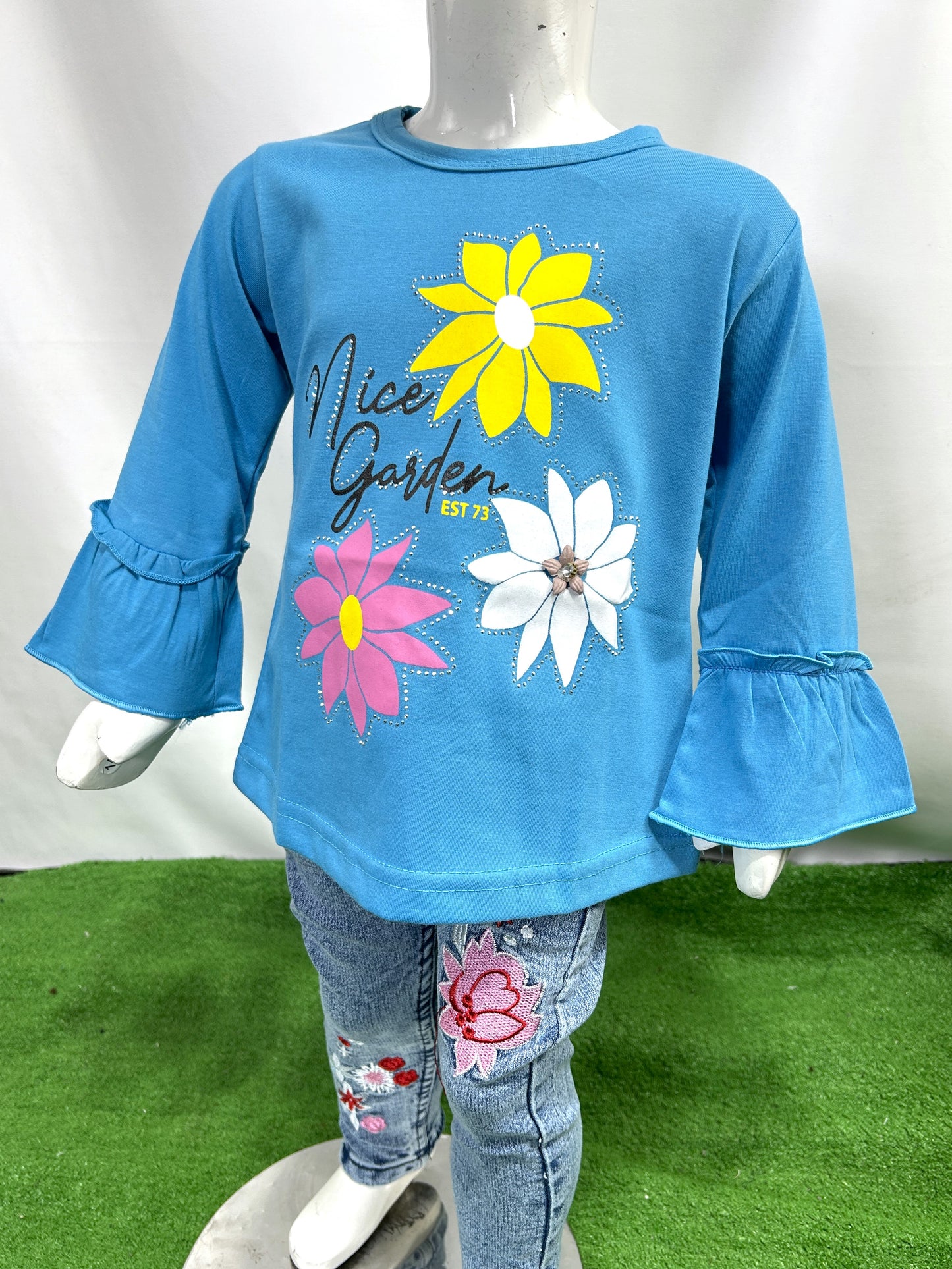 1Yrs - 4Yrs Full Sleeves Girls T-Shirt Aster Flower Blue