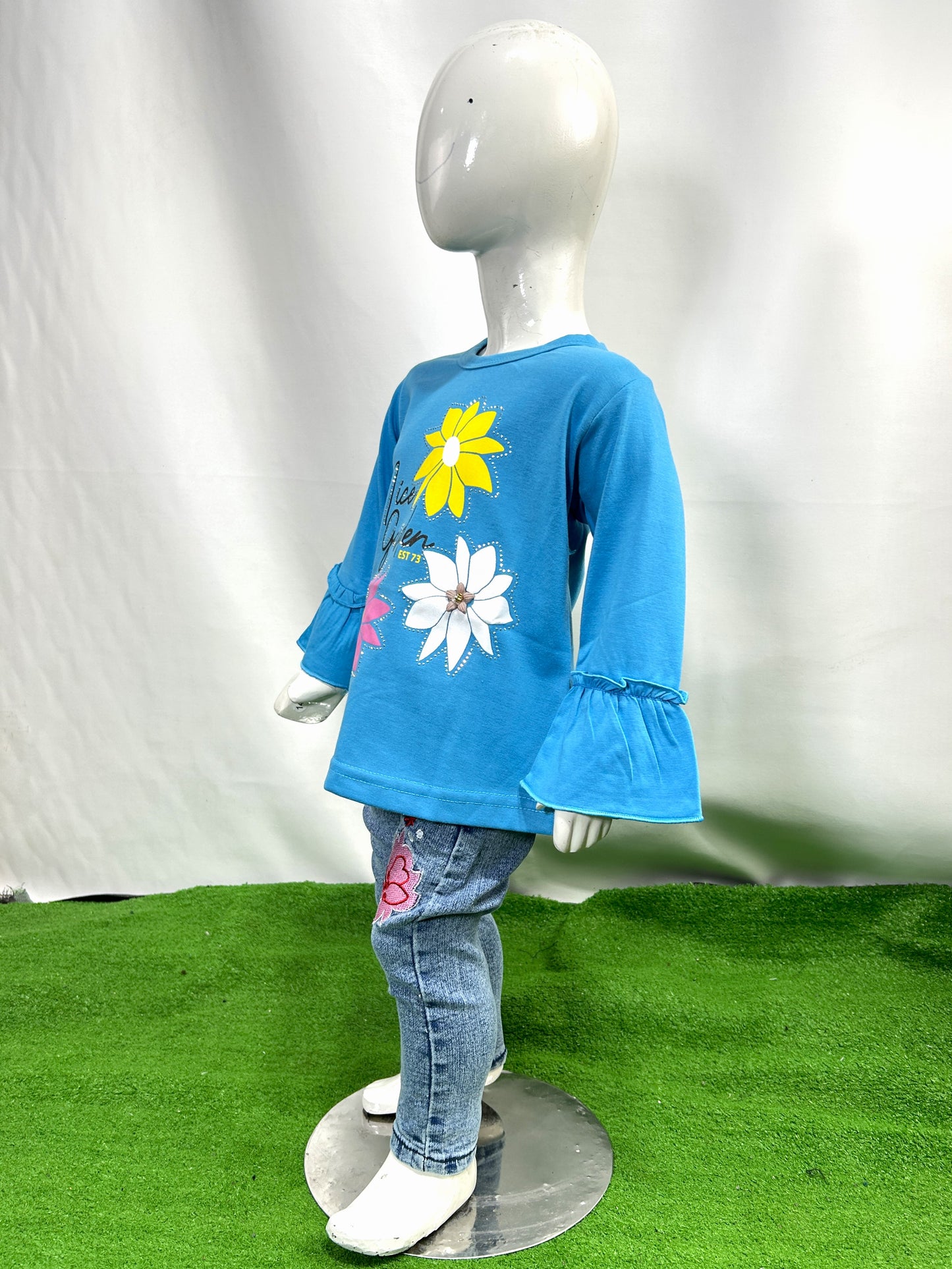 1Yrs - 4Yrs Full Sleeves Girls T-Shirt Aster Flower Blue
