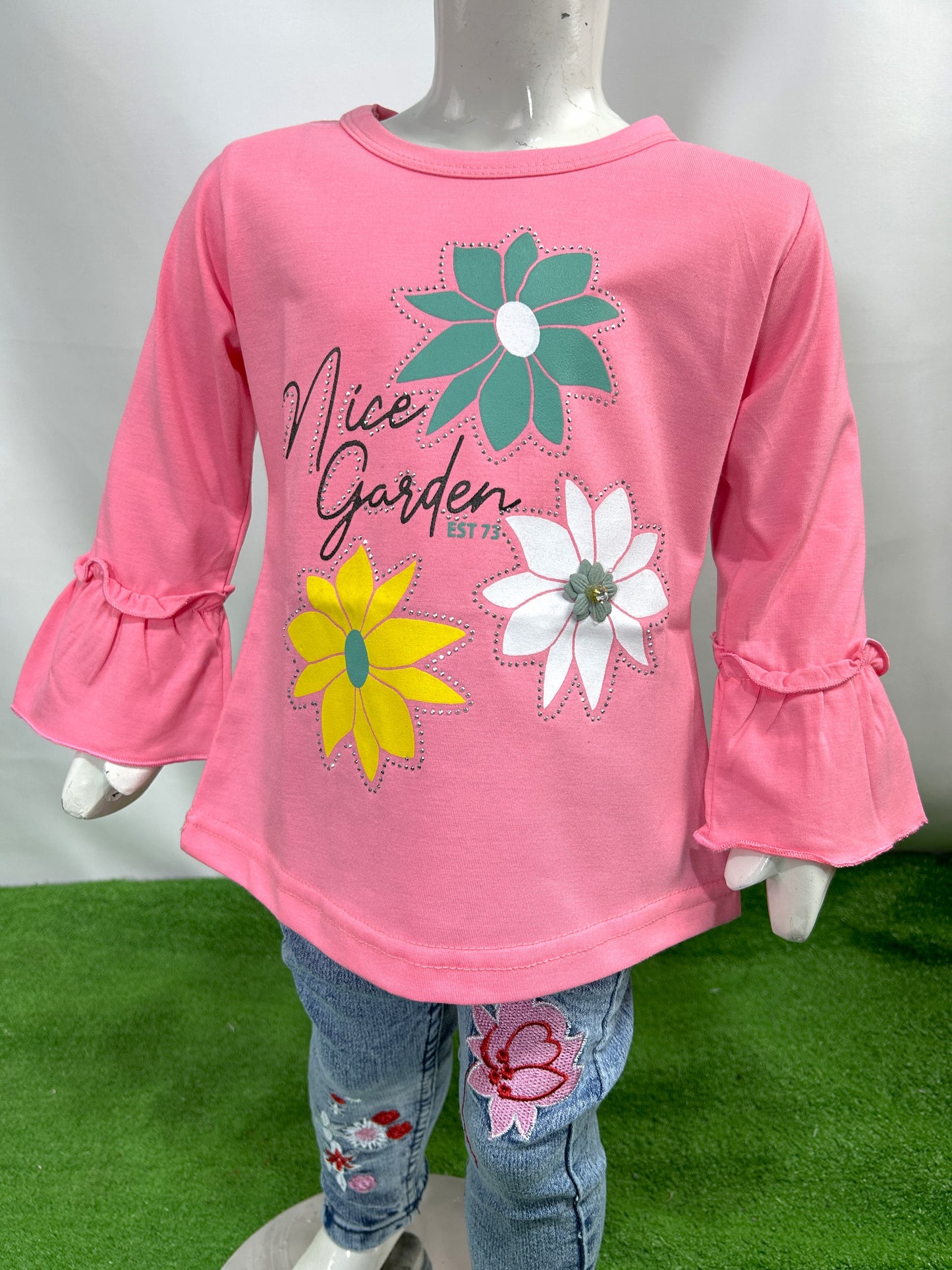 1Yrs - 4Yrs Full Sleeves Girls T-Shirt Aster Flower Pink