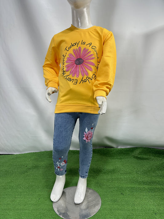3Yrs - 8Yrs Flower Yellow Full Sleeve T-Shirt For Girls SK GTS87