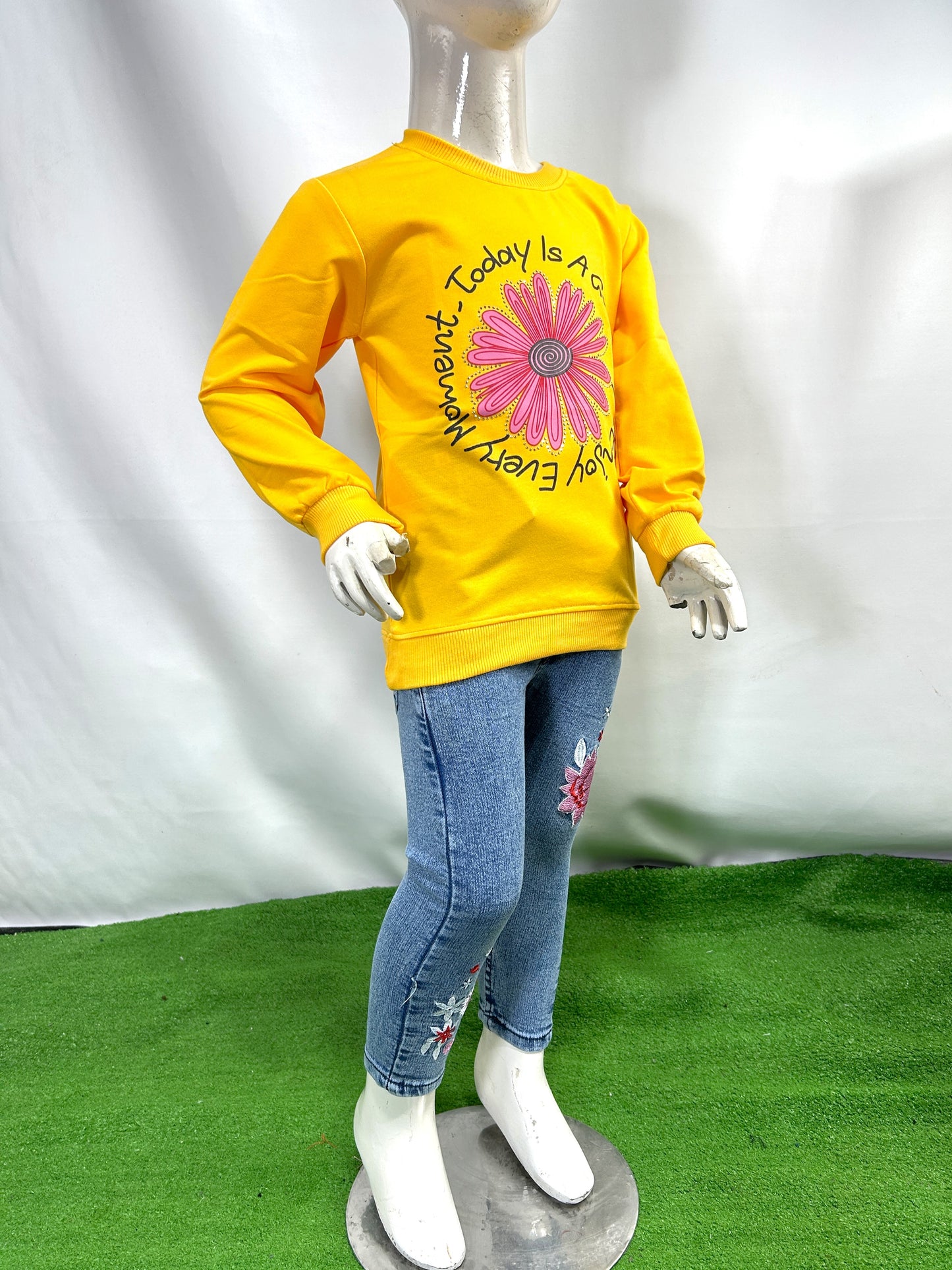 3Yrs - 8Yrs Flower Yellow Full Sleeve T-Shirt For Girls SK GTS87
