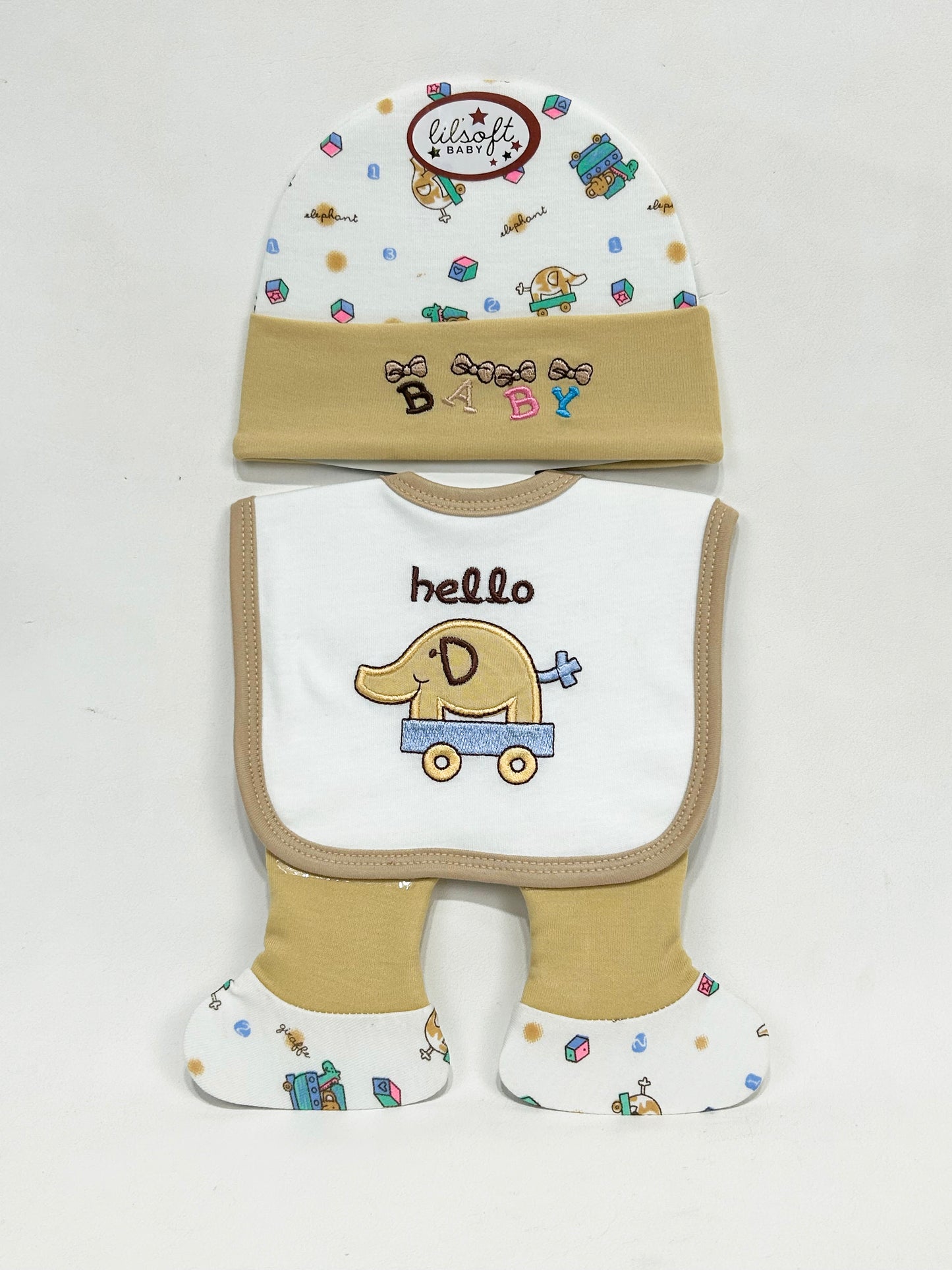 Light Brown Pack of 3 Newborn Bib, Cap And Booties Set
