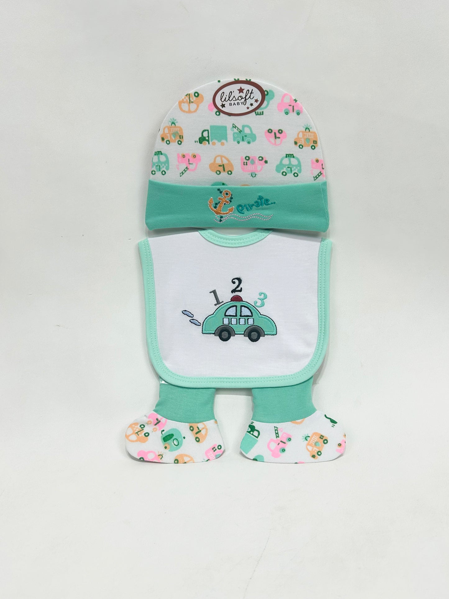 Light Sea Green Pack of 3 Newborn Bib, Cap And Booties Set