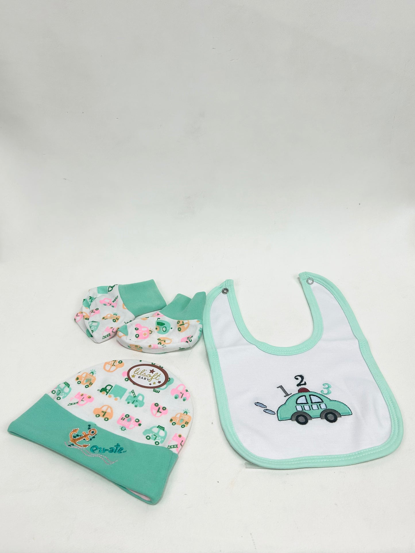Light Sea Green Pack of 3 Newborn Bib, Cap And Booties Set