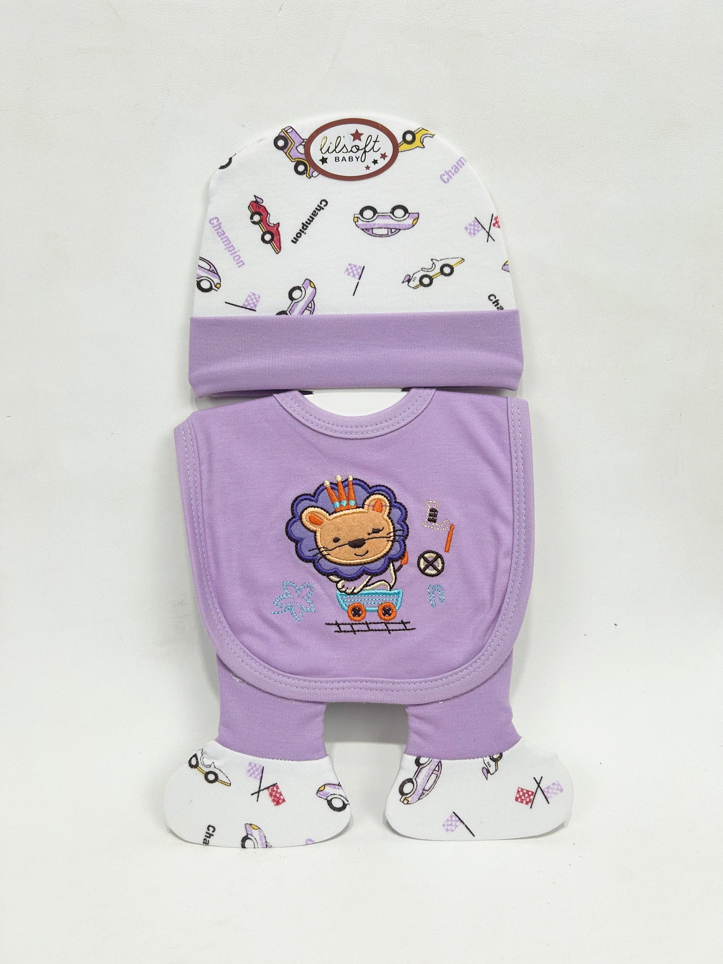 Light Purple Pack of 3 Newborn Bib, Cap And Booties Set