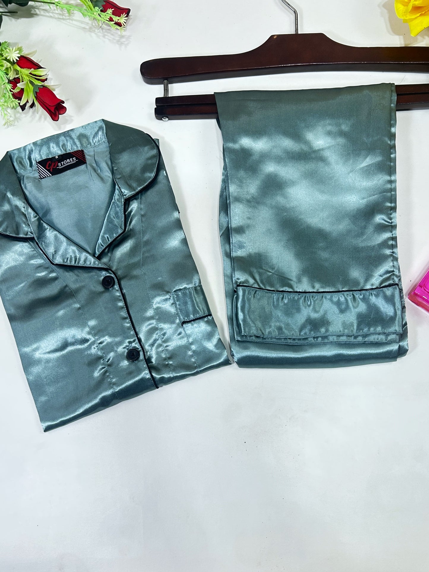 Cyan Blue Plain Silk Night Suit For Women/Girls WNS41