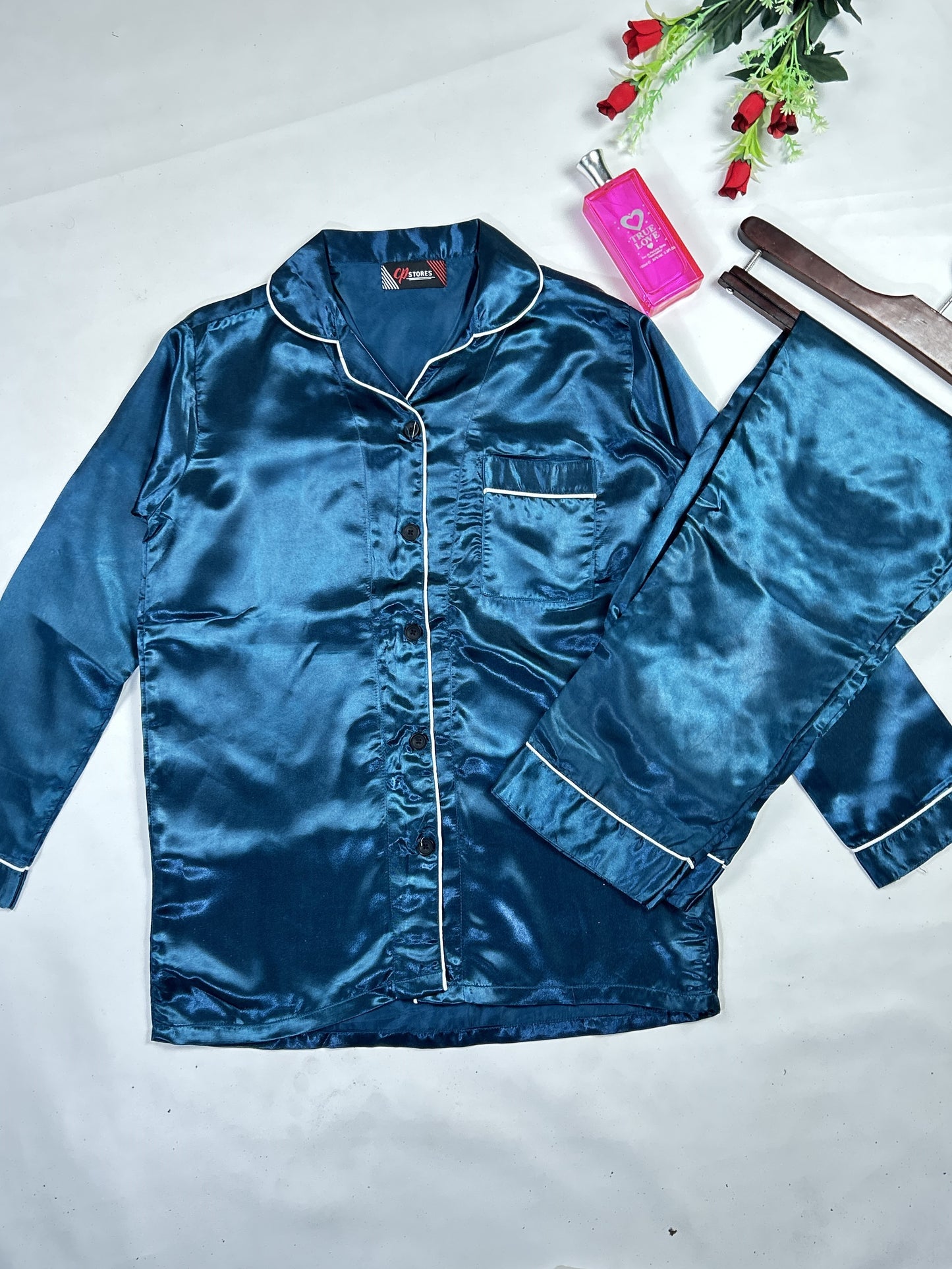 Sea Blue Plain Silk Night Suit For Women/Girls WNS36