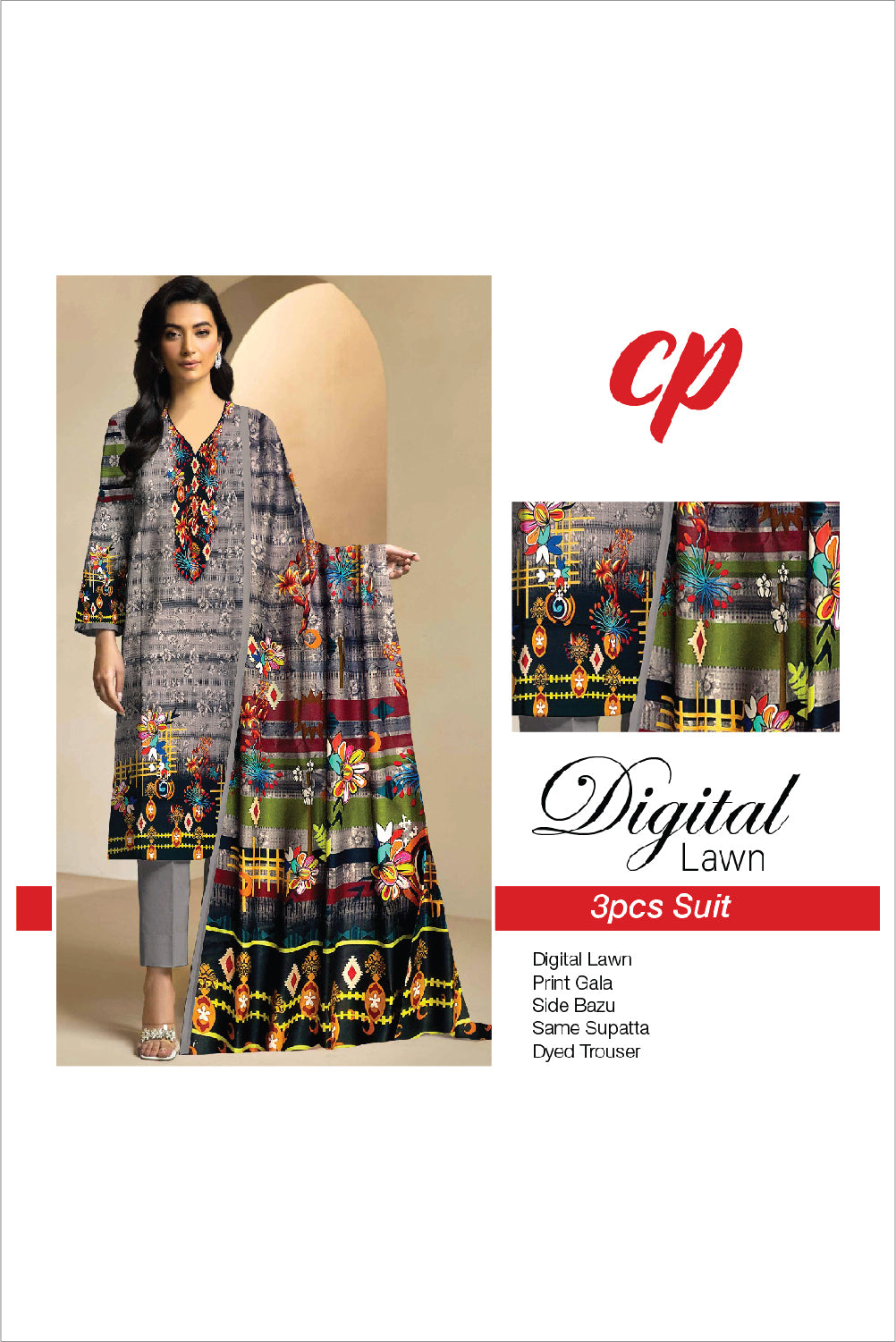 3Pcs Unstitched Digital Lawn Suit For Women WU114