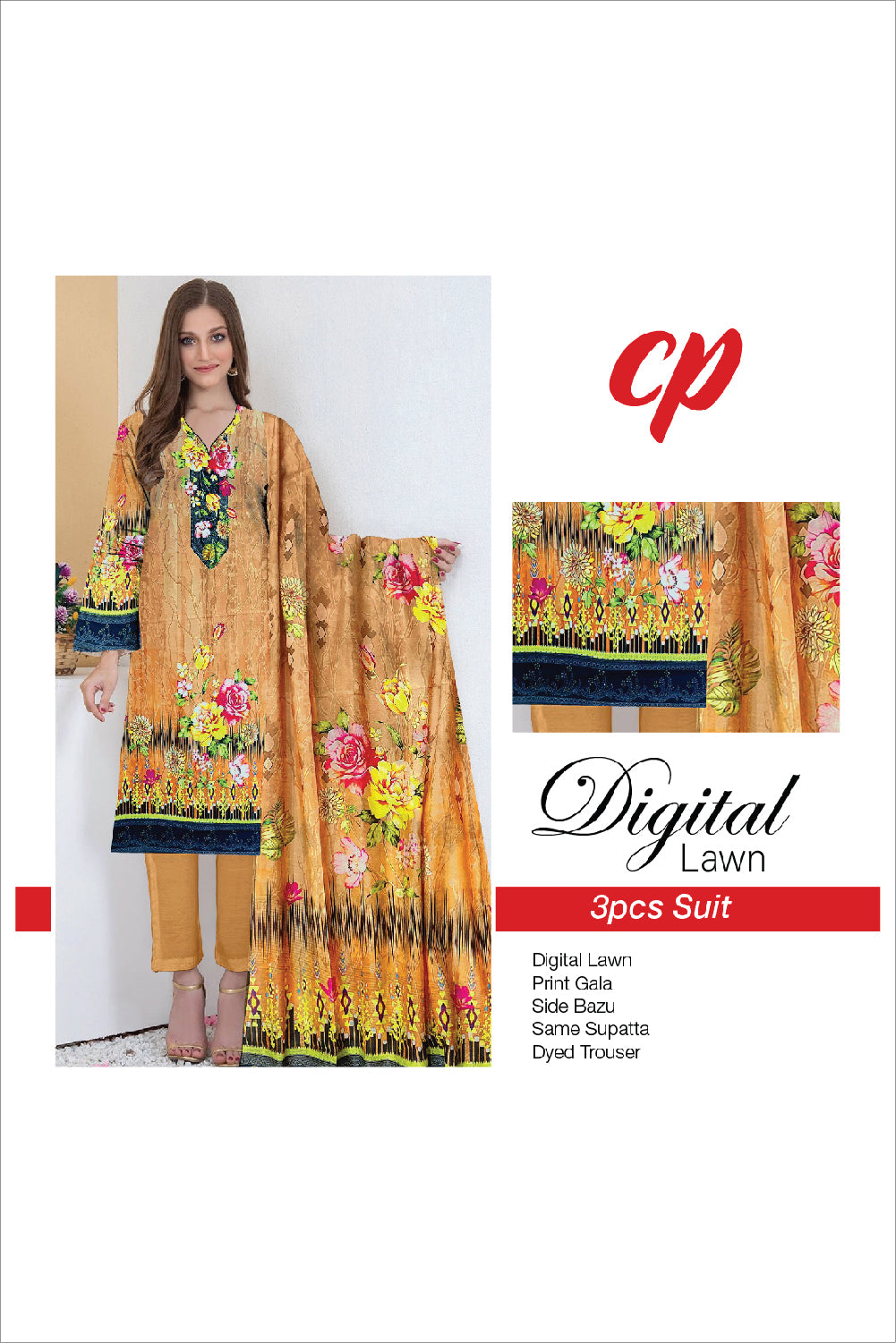 3Pcs Unstitched Digital Lawn Suit For Women WU116