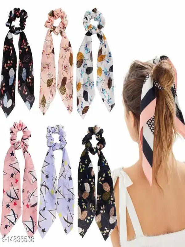Pack Of 3 Ponytail Holders Hair Ribbon Scrunchies For Women - Multicolor & Multidesign